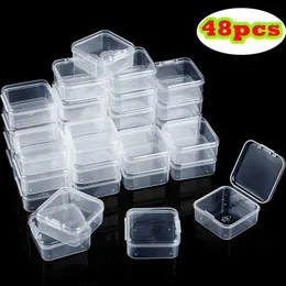 Boxen 48 Stück Mini-Aufbewahrungsbehälter aus durchsichtigem Kunststoff mit Deckel, leere Klappboxen für Perlen, Schmuck, Werkzeuge, Bastelbedarf, Zahnseide, Angeln