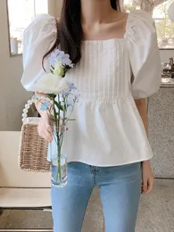 Kadın Bluzlar Gömlek Kadın Kore Moda Vintage Puff Sleeve Y2K Bayanlar Kare Yaka Pileli Beyaz Yaz Blusas Mujer De 230519