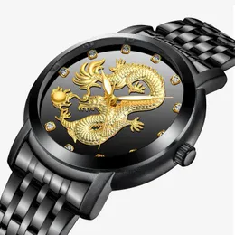 Zegarek luksusowy mężczyzna złota zegarek 3D chiński smok golden stal nierdzewna wodoodporna, unikalna mączka na rękę na rękę męską sukienkę