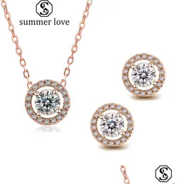 Stud New Arrival Round Cubic Zirconia Earring Necklace Bracelet For Women Rose Gold Sier Crystal Fashion Jewelry Set Gift Drop Deliv Dhzff