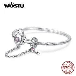 Bangle WOSTU 100% 925 Sterling Silver Heart Key Safety Chain Bracelets Pink Zircon Charm Bangle For Women Silver 925 Jewelry CQB143