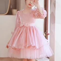 Mädchenkleider rosa Ärmeln Mädchen Geburtstagsfeier Kleid Quadrat Halsbandgürtel Design Ballkleid Blume Prinzessin Robe