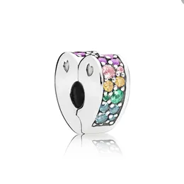 Rainbow Heart Clip Charm för Pandora 925 Sterling Silver Charms Women Girls Designer Smyckesfynd Snake Chain Armband Making Clips Charm med Original Box