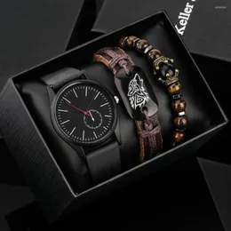 Orologi da polso 3PCS Minimalista Orologio da uomo Moda Casual in pelle nera Quarzo Lupo Bracciale Set regalo per fidanzato Reloj Hombre