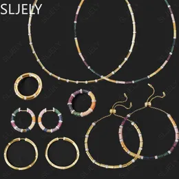 Sets SLJELY April Neue 925 Sterling Silber Mehrfarbige Regenbogen Mana Einstellbare Halskette Armband Ohrringe Ring Frauen Marke Schmuck Sets