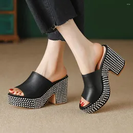 Sandaler Fashion Women Mules Summer Luxury Shoes Leather Super High Heels Platform Designer Ladies Wedges Block Black