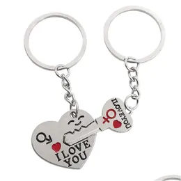 Nyckelringar 2st Set Alloy Heart KeyChain I Love You Par Chain Lovers Pendant Ring Keychains for Girls and Boys Drop Delivery Jewelr DHI0D