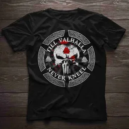 Men's T-Shirts Till Valhalla Never Kneel. Valknut Rune Viking Warriors Skull T-Shirt. Summer Cotton Short Sleeve O-Neck Mens T Shirt New S-3XL