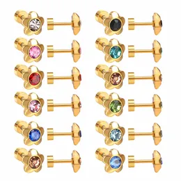 Orecchini ASONSTEEL 12 paia/lotto Colorato Cubic Zirconia Fiore Vite Orecchino a bottone Color oro Acciaio inossidabile Orecchino per bambini Donne all'ingrosso