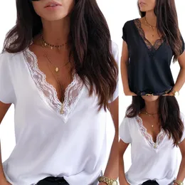 Womens Blouses Shirts Women Sexy Solid Color Lace Patchwork Deep V Neck Short Sleeve Blouse Shirt Top Plus Size Basic Tops Allmatch 230519