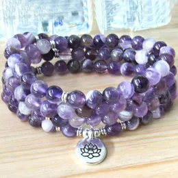 Braccialetti Reiki caricati Perline di preghiera polso mala Lotus OM Om Braccialetti viola 108 Chevron Ametiste Mala Bracciale o collana