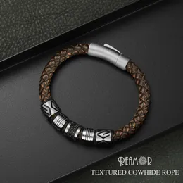 Bangle Reamor New Classic Men Handcraft äkta läderarmband rostfritt stål matt knapp lås Bangles smycken dropshipping