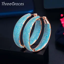 Earrings ThreeGraces New Fashion Big Light Blue Cubic Zirconia Circle Round Hoop Earrings for Women Wedding Party Costume Jewelry ER601