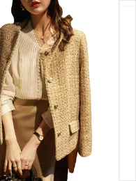Damenjacken Frauen Gelb Tweed Wolle Handgemachte Maßgeschneiderte Elegante Blazer 2023 Frühling Herbst Mäntel Coco Stil Damen Outwear Luxus