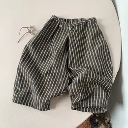 Şort çocuklar s retro çizgili pamuk ve keten pantolon bahar sonbahar Japon erkek kızlar rahat gevşek geniş bacak pantolon wtp122 230520