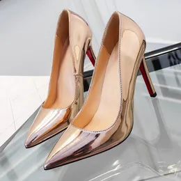 Dress Shoes Spring Pointed Toe Thin High Heels Patent Leather Stiletto Pumps Silver Gold Wedding Banquet Professional Women X0000