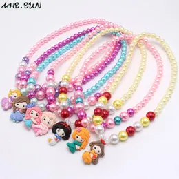Necklaces MHS.SUN girls cartoon princess pendant necklace elastic pearl beads necklace for kids children handmade diy jewelry 7pcs/lot