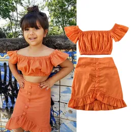 Roupas de roupas infantil garotas meninas roupas garotas laranja safra de ombro tampo bufle uma saia de linha 2pcs roupas infantis s 1 6y verão 230520