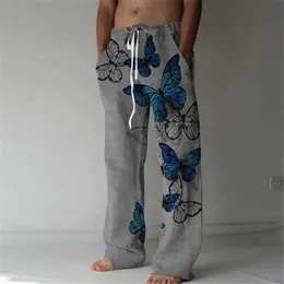 Мужские брюки мужская бабочка прямые брюки 3D -печать эластичная дизайн шнурки передние карманные брюки Бич животные графики
