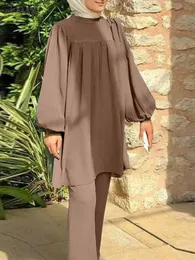 Ethnic Clothing ZANZEA 2PCS Muslim Women's Long Sleeve Shirt Pant Set for Eid al Fitr Mubarek Fashion Islamic Clothing Set Dubai Turkiye Match Set 230520