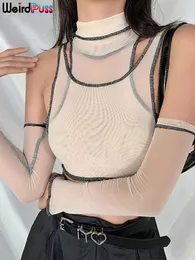 Женская футболка Orangea Women Fashion Sexy Sexy Mesh To Piece Crop Tops с рукавом Turtleneck Streatwear Party Twear См. Несмотря на то, что стройный жилет 230520