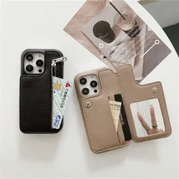 Luxury Lychee Grain Folio Zipper Vogue Phone Case for iPhone 14 13 12 11 Pro Max XR XS 7 8 Plus SE2 SE3 Built-in Mirror Multiple Card Slots Leather Wallet Chain Back Cover