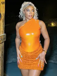 Zweiteiliges Kleid für ein Jahr, orangefarbenes Metallic-One-Shoulder-Bodysuit-Oberteil und flauschiger Rock, Set für Frauen, sexy Geburtstags-Club-Bodysuit-Sets, Outfits 230520