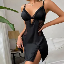 Damen-Nachtwäsche, zierliches Baumwoll-Nachtkleid, Damen-Nachthemd aus Spitze, Satin-Unterhemd, sexy Dessous-Kleid, V-Ausschnitt, Slip-Nachthemd