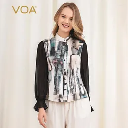 Женские блузки (в продаже) VOA Silk Printed Satin Satin Lint Strech High Highline Black Georgette Patchwork Horn 9/4 Славная рубашка B9009 B9009