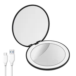 Compact Mirrors Led Rechargeable Mirror 2-Sided 1x/10x Magnification Travel Makeup Folding Handheld Touch Switch 230520