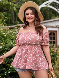 Women's Plus Size TShirt 4XL Peplum Tunic Blouse Tops for Women Off Shoulder Pink Floral Print Tshirts Casual Summer 2023 Curvy Clothing 230520
