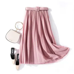 Skirts 2023 Arrival Women A-Line Skirt Pure Color Pleated Long With Belt Good Qualty Faldas Jupe Femme Saia