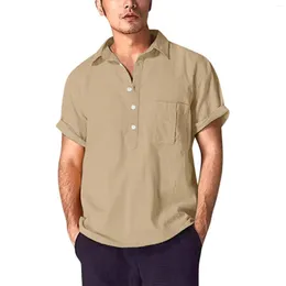 T-shirts homme coton lin solide décontracté chemise ample hommes col rabattu manches courtes 4