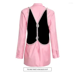 Jackets femininos Adogirl Diamonds Torcer Twist Backless Blazer Top Mulheres elegantes Sexy entalhado com manga comprida Jaqueta de botão de botão