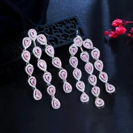 Knot Cwwzircons Lüks Tasarımcı Dangly Pubsel Drop Pink Kübik Zirkonya Kristal Uzun Küpeler Kadınlar İçin Düğün Partisi Takı CZ963