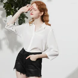 Women's Blouses 2023 Silk Dress Shirts Woma Heavy Satin Basic Solid Turn Down Collar Office Chic Shirt White Elegant 82092