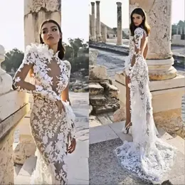 Wedding Arabia Mermaid Dress 2023 Berta High Collar Side Slito Illusion Lace Applique Long Rleeve Train Boho Bridal Suknia