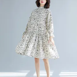 Casual Dresses Spring Autumn Women Dress Printed Flower Long Sleeve Kne-Length Chiffon Loose Causa Elegant