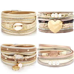 Tennisarmband Diezi 2023 Multilayer Shell Heart Wrap for Women Gift Magnet Buckle Pu Leather Rhinestone Pearl Bangles