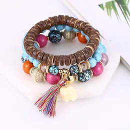 Strand Vintage Tassel Multilayer Beads Armband Bohemian Elastic Harts Stone Crystal Bangles 3pcs/Set Fashion Jewelry Gifts for Girls