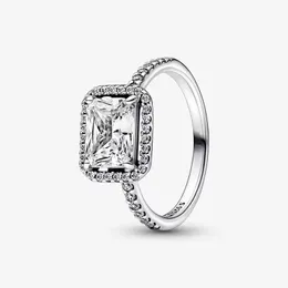Rektangulär glittrande haloring för Pandora Authentic Sterling Silver Wedding Rings Designer smycken för kvinnor Crystal Diamond Luxury Ring med originallåda
