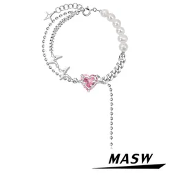 Bangle Masw المجوهرات الحديثة Pink AAA Zircon Heart Charm Bracelet 2022 New Trend Hights High