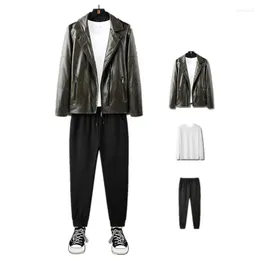 Fitnessstudio-Bekleidung, modische Herren-3-teilige Anzüge, Punk-Stil, Lederjacke, warme Faux-Outwear, Jogger-Hose, Sweatshirt mit Rundhalsausschnitt