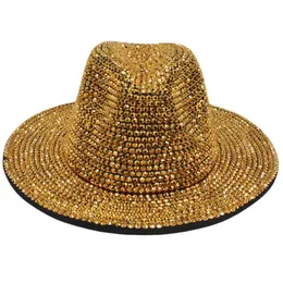 Rhinestone jazz fedora hattar bred brim cowboy hatt för kvinnor män scen prestanda blank handgjorda diamant retro filt topp hatt