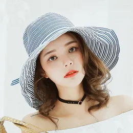 Wide Brim Hats Mingjiebihuo Korean Pins Striped Foldable Sun Hat Summer Fresh And Lovely Woman Girls Fashion