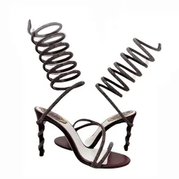 Rene Caovilla Cleo Open Toe Sandaler Crystal Embellished Spiral Wrap Around Sandal Twining Rhinestone Sandal Women Rainbow Stiletto Heels Shoes 35--42 Abaa Oooooo