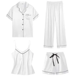 4-częściowy zestaw piżamy dla kobiet na imitację jedwabną piżamę Satyn Satynowa piżama modne wygodne seksowne spodenki z nadrukiem ubranie domowe 230520