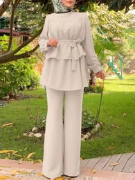 エスニック服2PCS女子ファッションイスラム教徒スーツエレガントな長袖プリーツシャツパンツセットザンゼアカジュアルラマダントルキエコートズボンセット230520