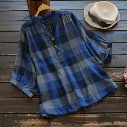 Kvinnors blusar skjortor Sommarkvinnor Lossa halva ärmen Cotton V Neck Plaid Lantern Shirt Top Camisas de Mujer