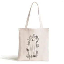 Storage Bags Ghost In Flowers Canvas Reutilizable Large Tote Bag Simple Handbag Party Gifts Shoulder Bolsa